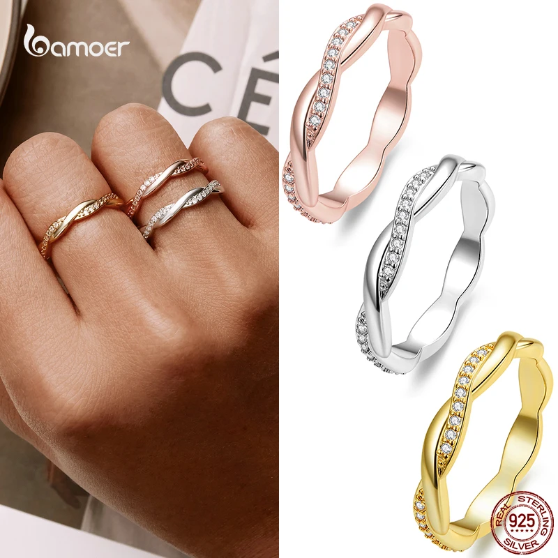 Bamoer 925 Sterling Silver Simple Twisted Rings for Women S925 Luxury Rose Gold Plated Classic Ring Fine Wedding Jewelry Gifts