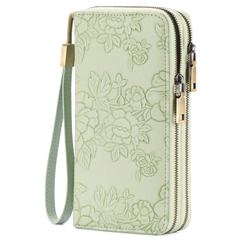 Western Long Double Zipper Flower Embossed PU Leather Women Wallet Large Capacity Print Purse for Laides