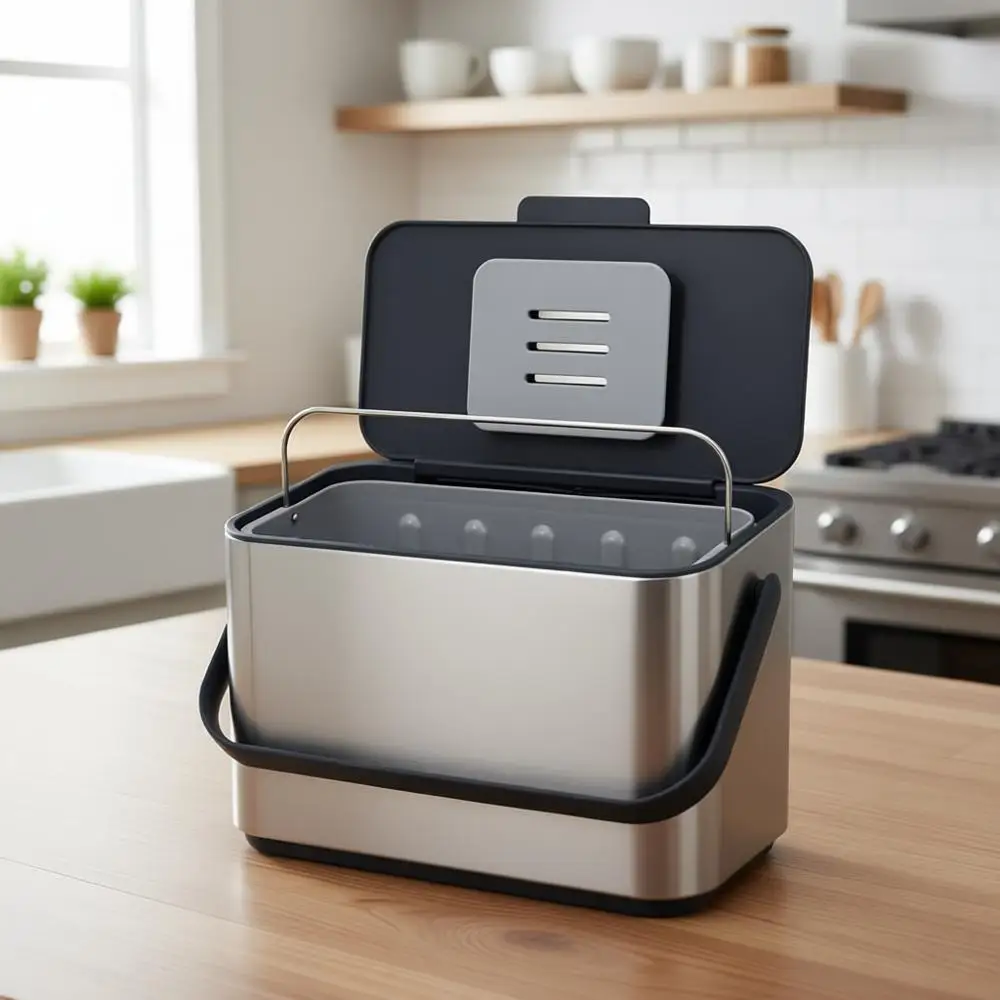 

1.06 Gallon Stainless Steel Food Compost Bin with Handle, Removable Bucket, Liner Storage, Odor Filter, 3 Liners Included