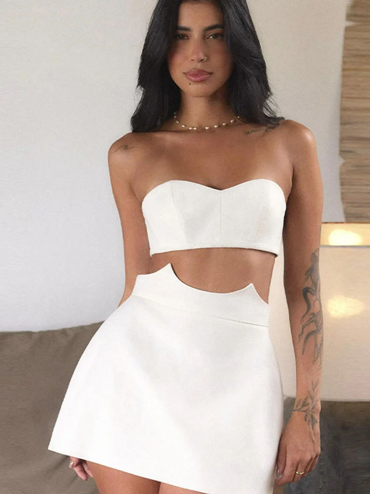 Women's Sexy Strapless Cut Out Two Piece Set Crop Top High Waist Cut A Line Mini Skirt Summer New Party Club Vacation Outfit view 3