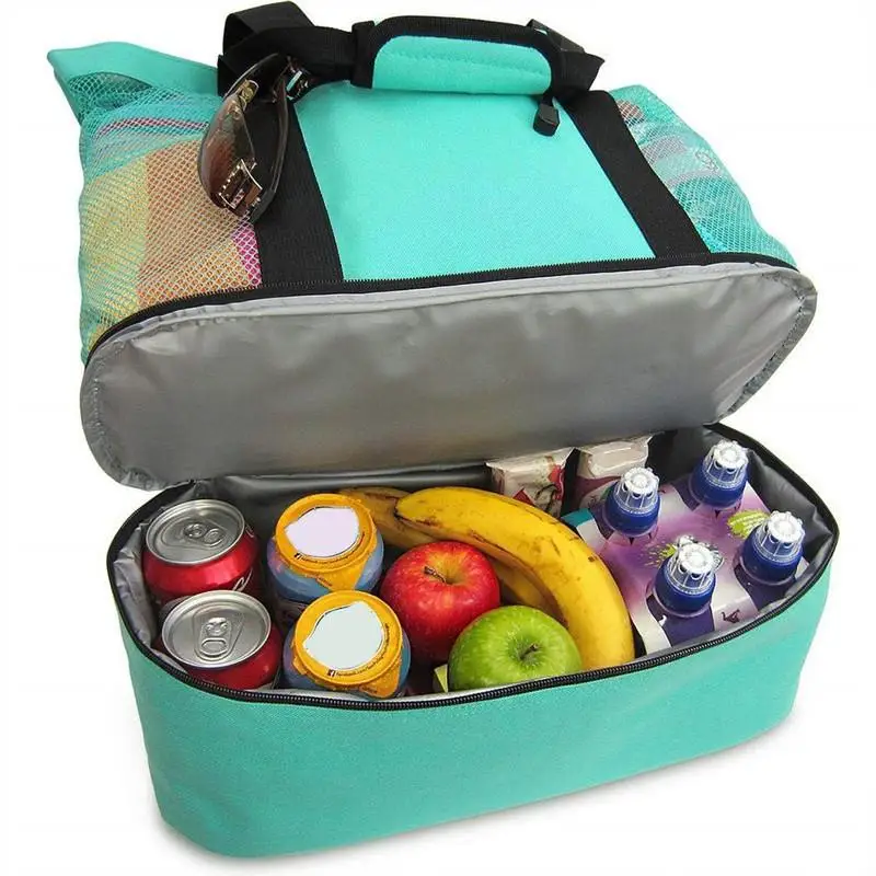 Large Mesh Beach Cooler Bag Outdoor Camping Picnic Bag Storage Bag Drink Food Cooler Tote Bag Thermal Insulation Lunch Box