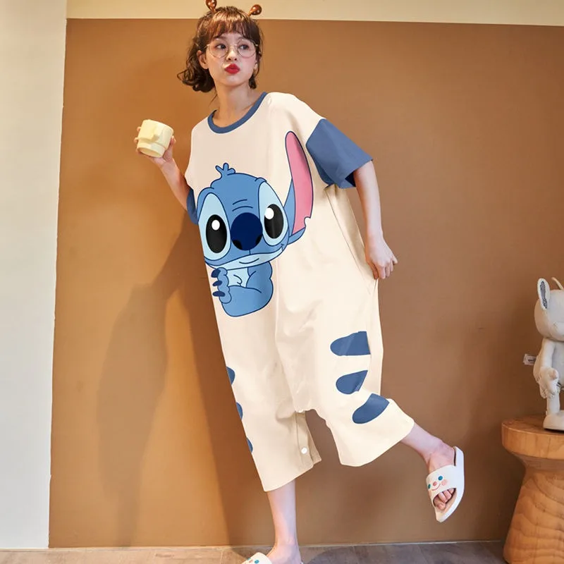 Disney Lilo and Stitch Cartoon Kawaii Stitch Pajamas Pure Cotton Short Sleeve Pajamas Long Pants Home Clothes Gift Wholesale