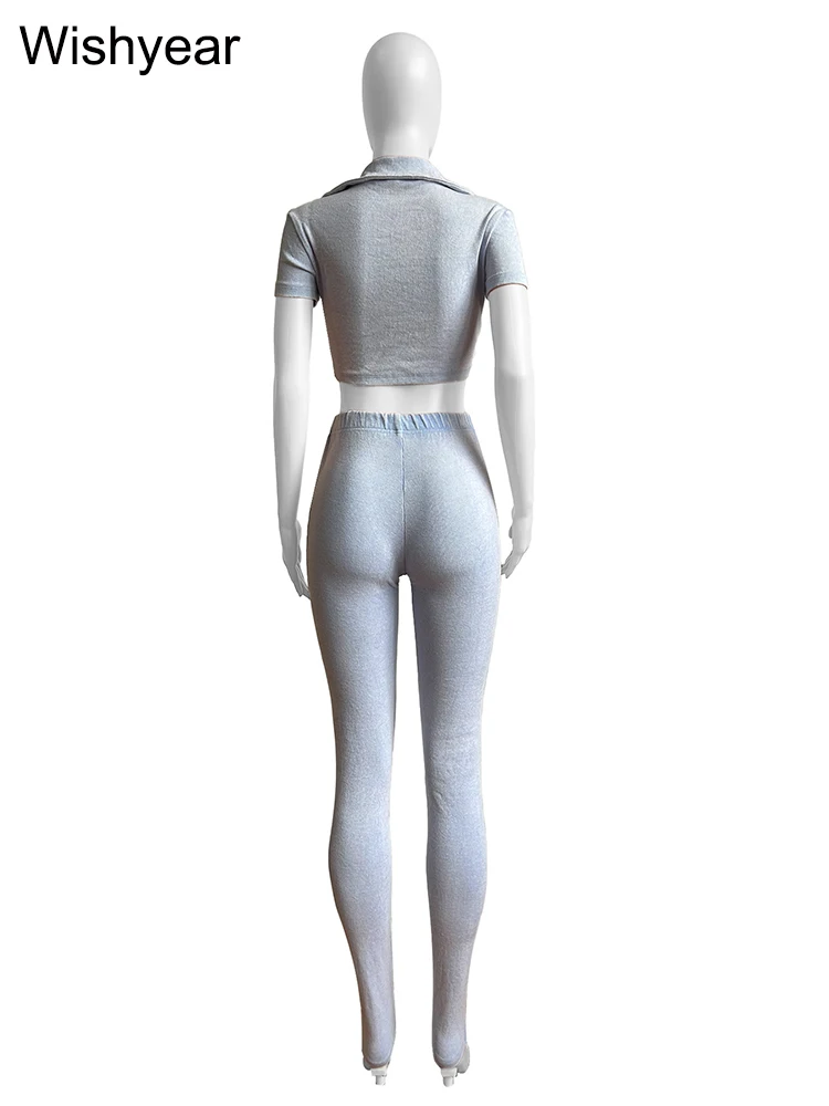 Conjunto de Top corto de manga corta y Leggings para mujer, chándal informal de 2 piezas, pantalones acanalados, trajes de Fitness, color gris, Verano