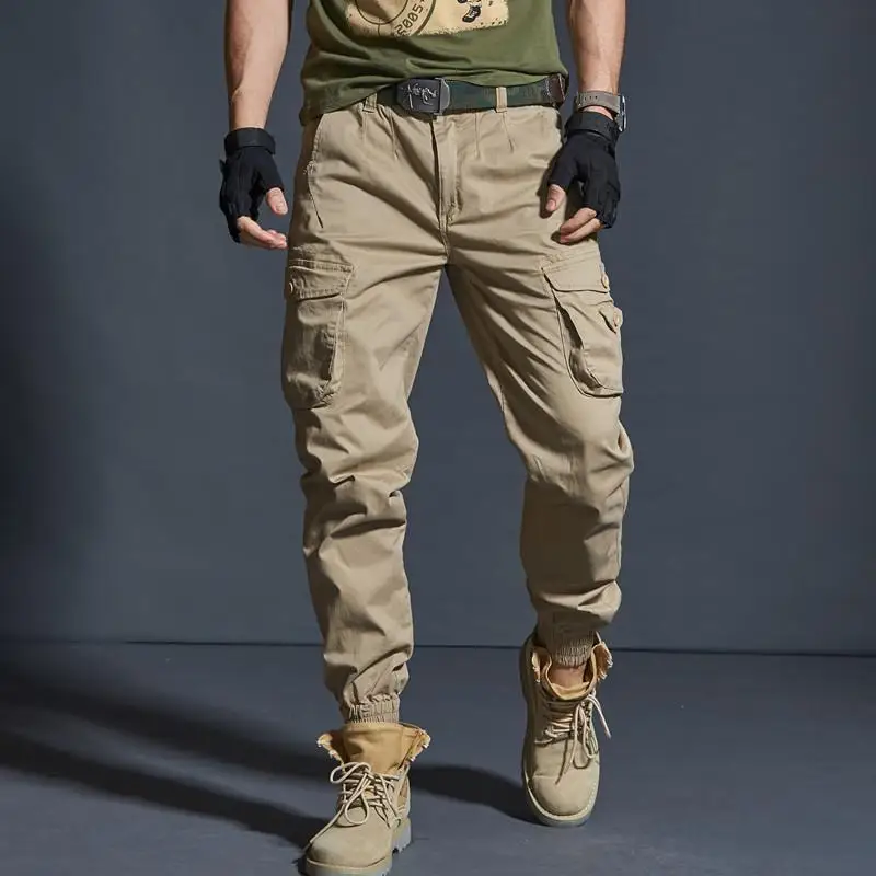 

2023 Spring New Men's Pants Casual Outdoor Waterproof Sports Trousers Large Pocket Zipper Drawstring Straight Cargo Pants D140