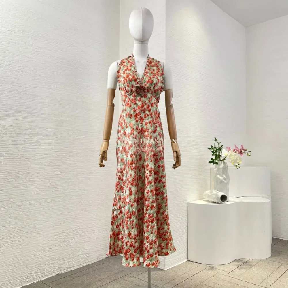 Green Red Floral Print Ruffles Frilled Sleeveless Backless Mermaid Fishtail Midi Dress 2025