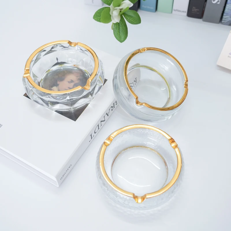 

BOXI Glass Ashtray Gold Rim Diamond Round Design Decorative Ashtray High end light luxury Home Office Desk anti fly ash ashtray