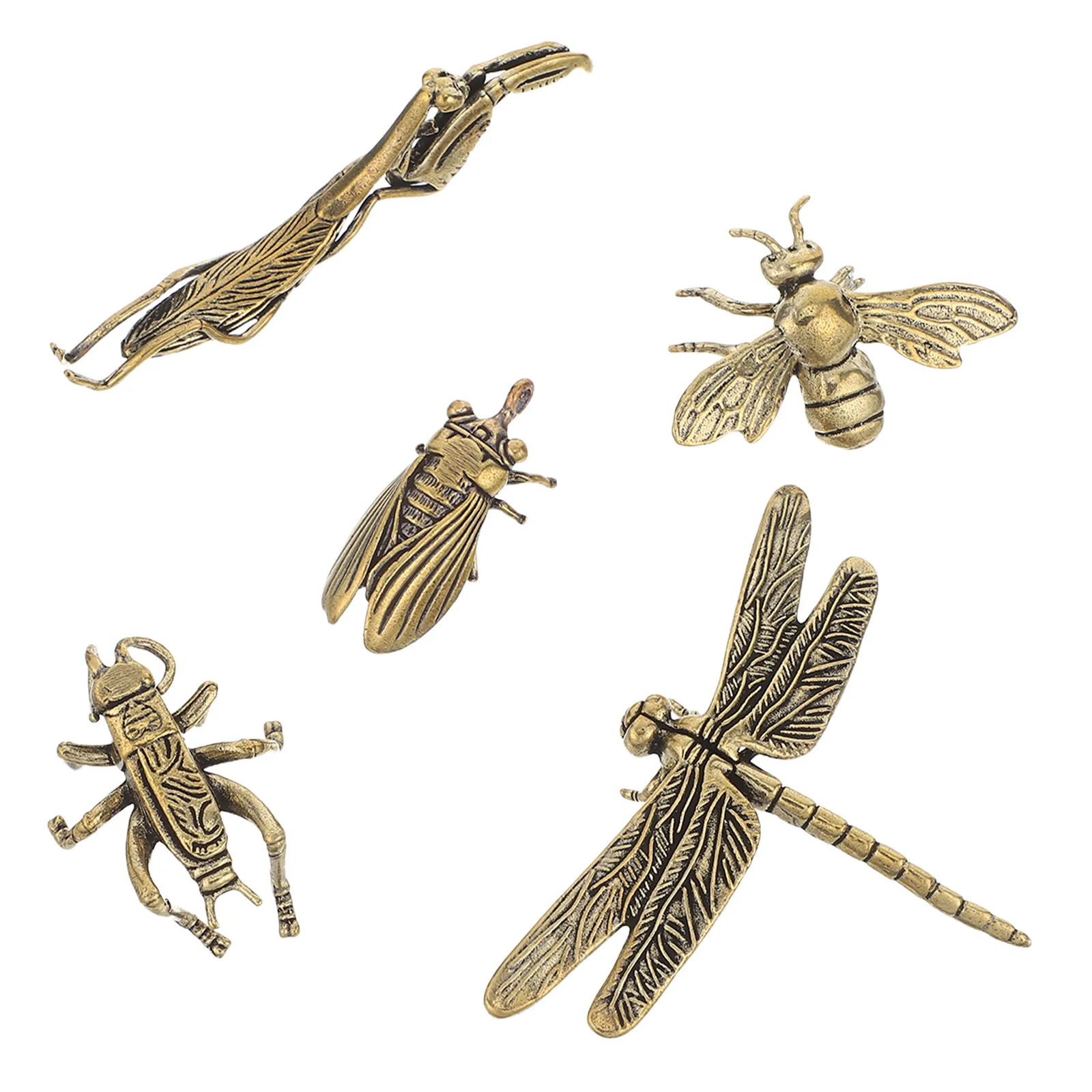 5Pcs Vintage Brass Insect Decorations Metal Dragonfly Locust Cicada Cricket Mantis Small Bee Rustic Desk Ornament