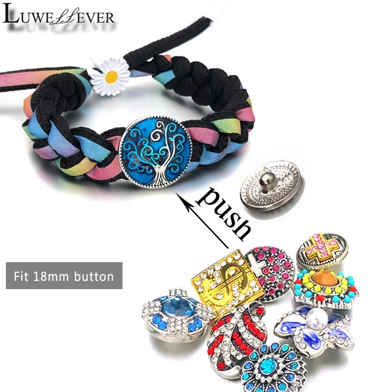 Luwellever Daisy Handmade Woven Shining Aurora Bracelet 142 Interchangeable 18mm Snap Button Bangle Charm Jewelry For Women Gift