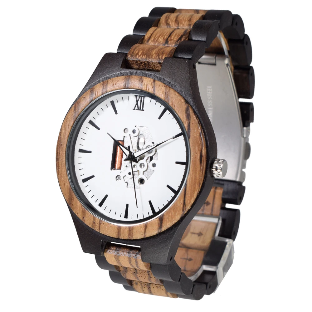 

Zebra Wood Wrist Watch for Men hollow out quartz timepiece bright luminous hands classic retro round shape