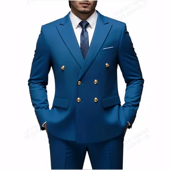 Men Double Breasted Suit Black Slim Fit High Quality Wedding Costume Party Prom Gold Button Male Suits 3