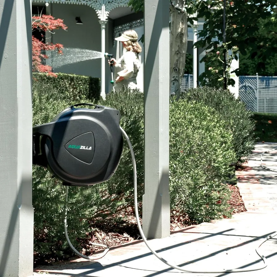 수축식 정원 호스 릴 120피트 x 1/2 내구성 있는 벽걸이형 물 호스 릴 180도 회전 브래킷 9가지 패턴 분사기 6피트 라인