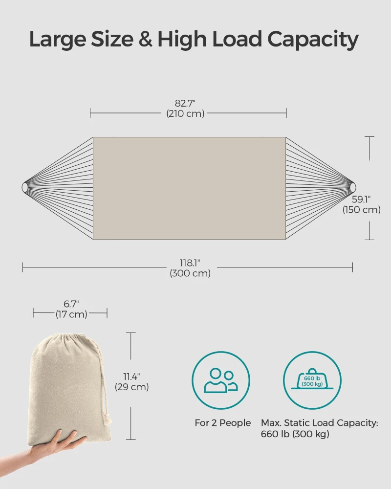 2026 Beige Double Hammock 98.4 X 59.1 Inches 300 Lbs Weight Capacity for Terrace Outdoor Camping Comes Compression Bag Installat