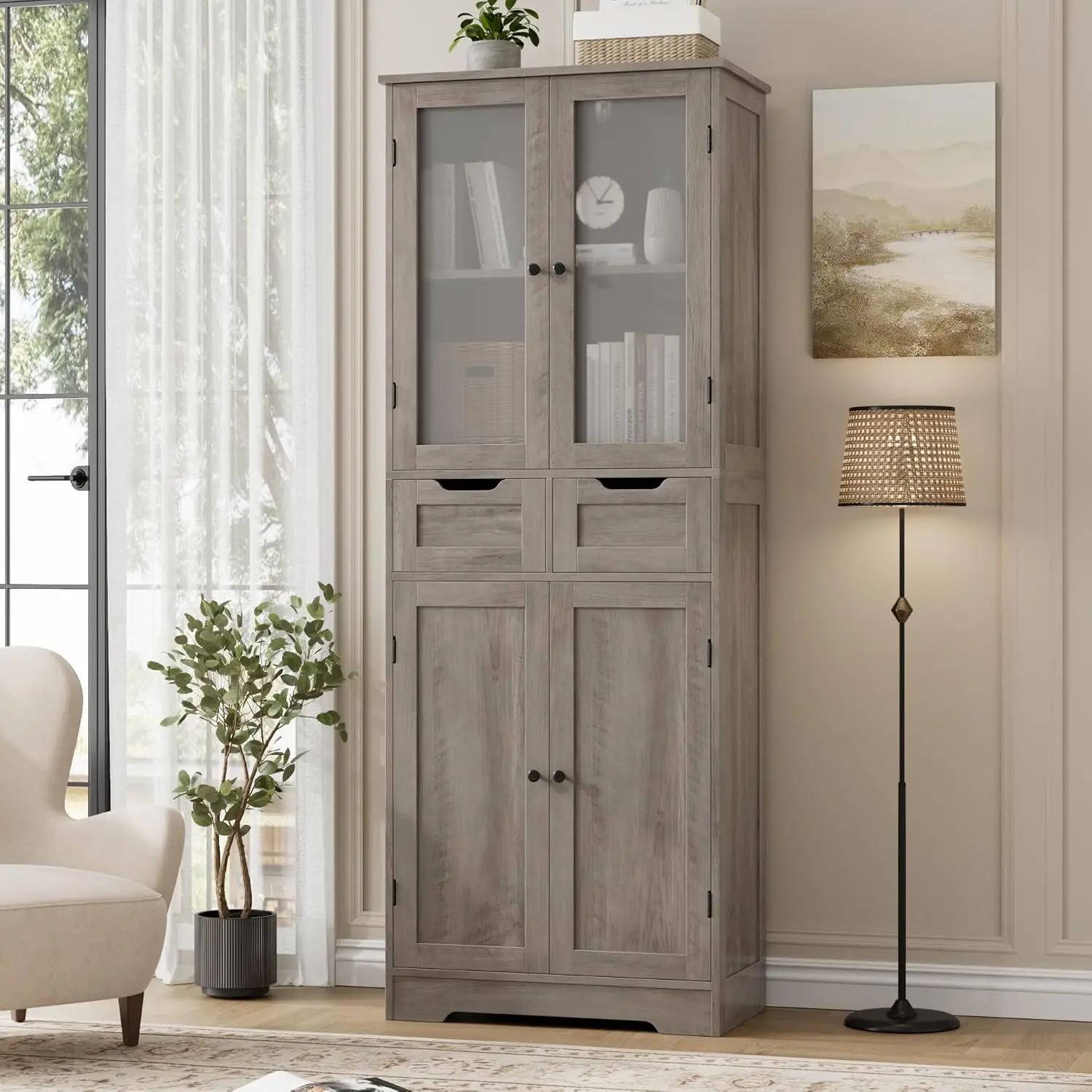 67" Tall Storage Cabinet, Freestanding Pantry Cabinet with Glass Door and Shelves, Linen Bathroom Cabinet with 2 Drawers for Liv