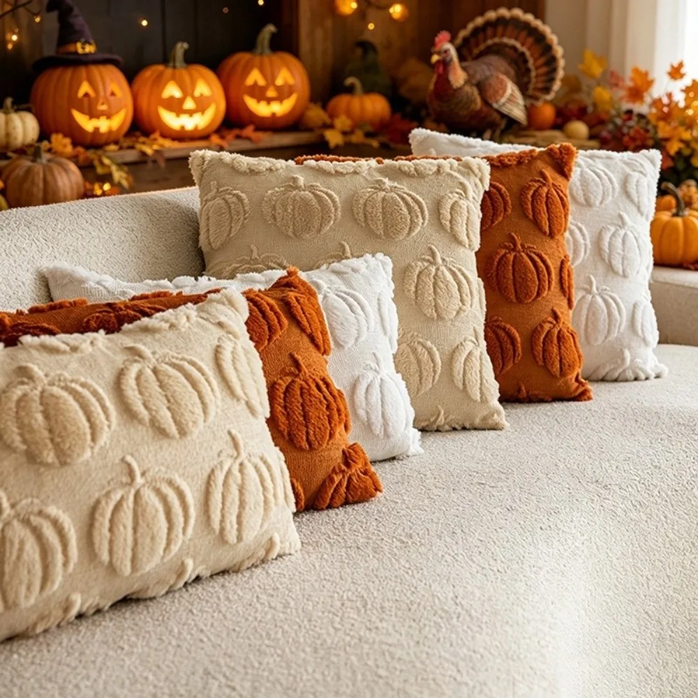 18x18 Inches Throw Pillow Covers Soft Fabric Faux Wool Material Faux Wool Cushions Pumpkin Pattern Quilting Design Pillow Cases
