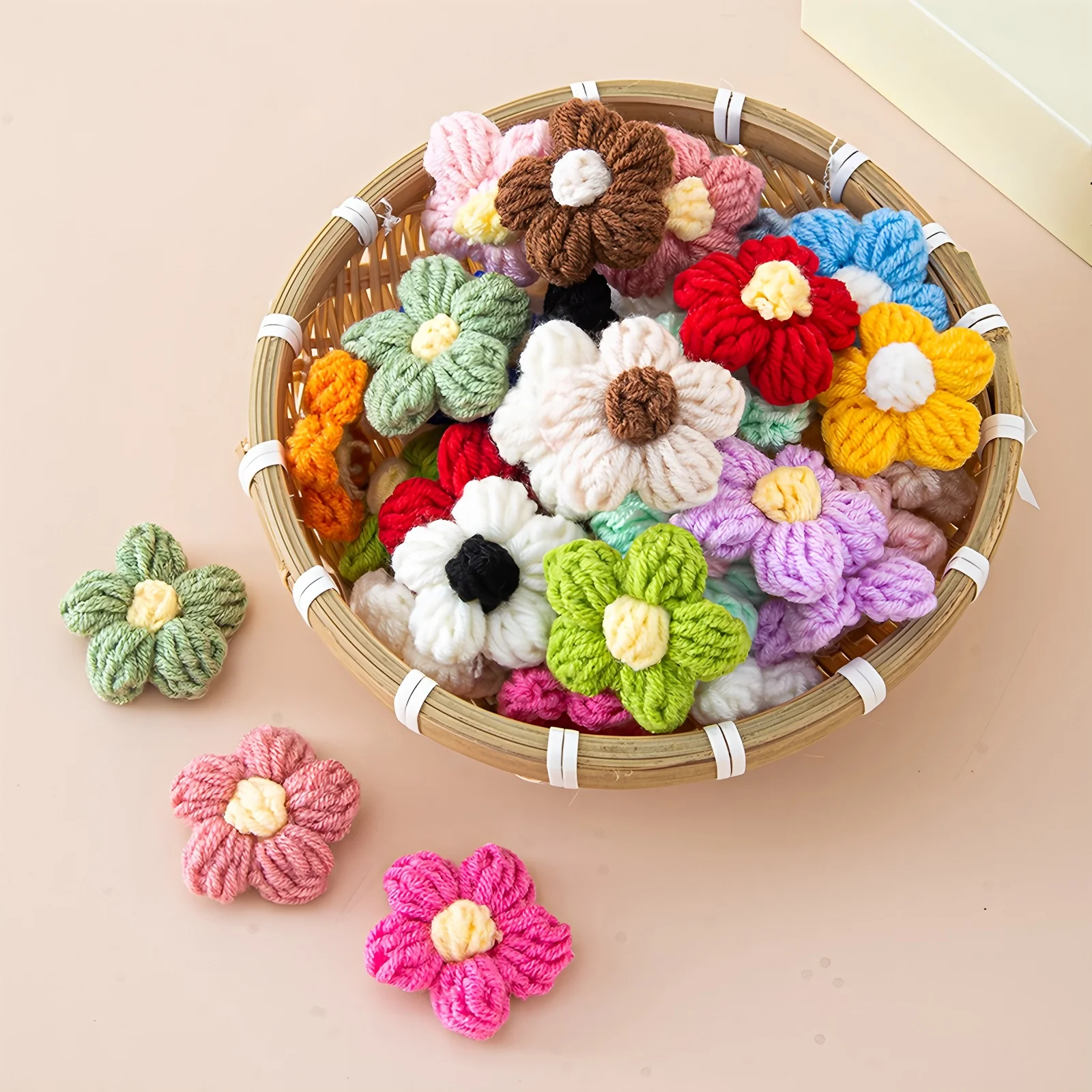 

50 Pieces Of Mixed Color Handmade Crochet Puff Flower Wool Flower | Hairpin Corsage DIY Material Bag Clothing Curtain Decoration