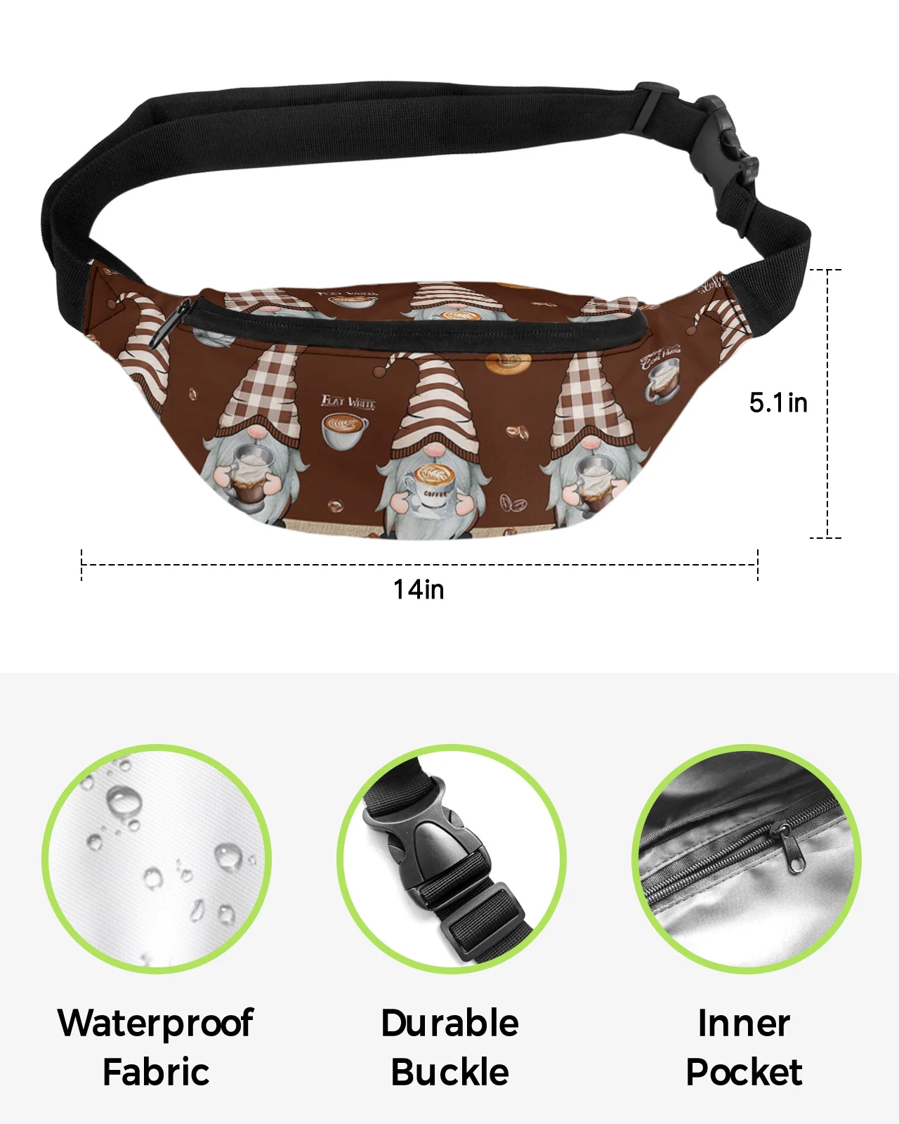 Coffee Dwarf Coffee Beans Waist Packs for Women Waterproof Outdoor Sports Waist Bag Unisex Crossbody Shoulder Bag