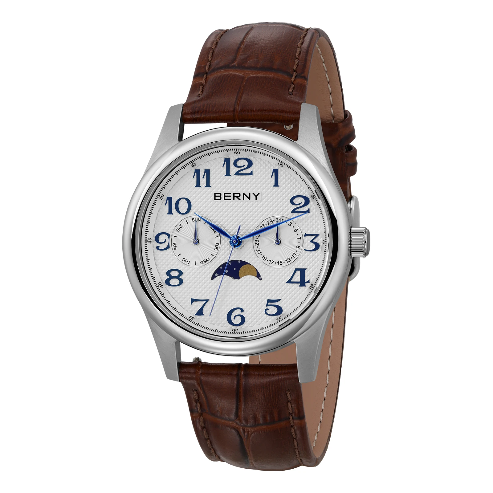 

BERNY Luxury Watches for Men Calendar Vintage Quartz Male Watch Easy Read Moon Phase Calendar Business Dress Men's Wristwatch