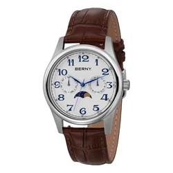 BERNY Watches for Men Moon Phase Quartz Men's Watch Day and Date Calendar Easy Read Vintage-Style Business Dress Wristwatch