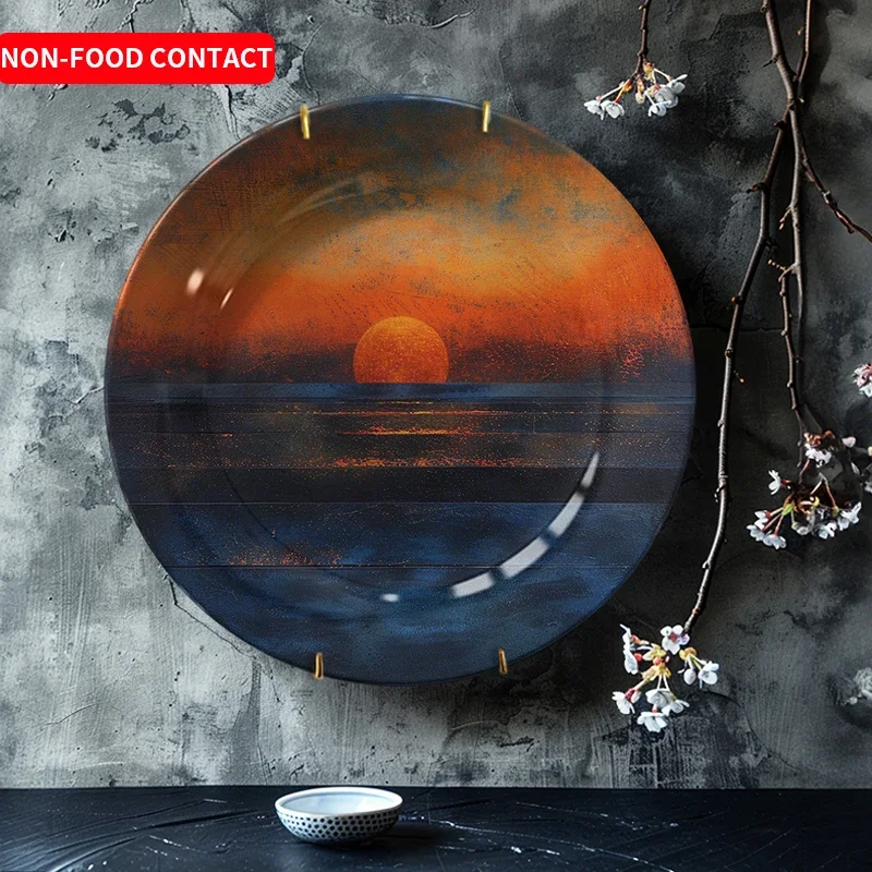 1pc Hand-Painted Ceramic Sunset Ocean Scenery Round Wall Art - Non-Food Contact Home Decor for Living Room, Bedroom, Kitchen -