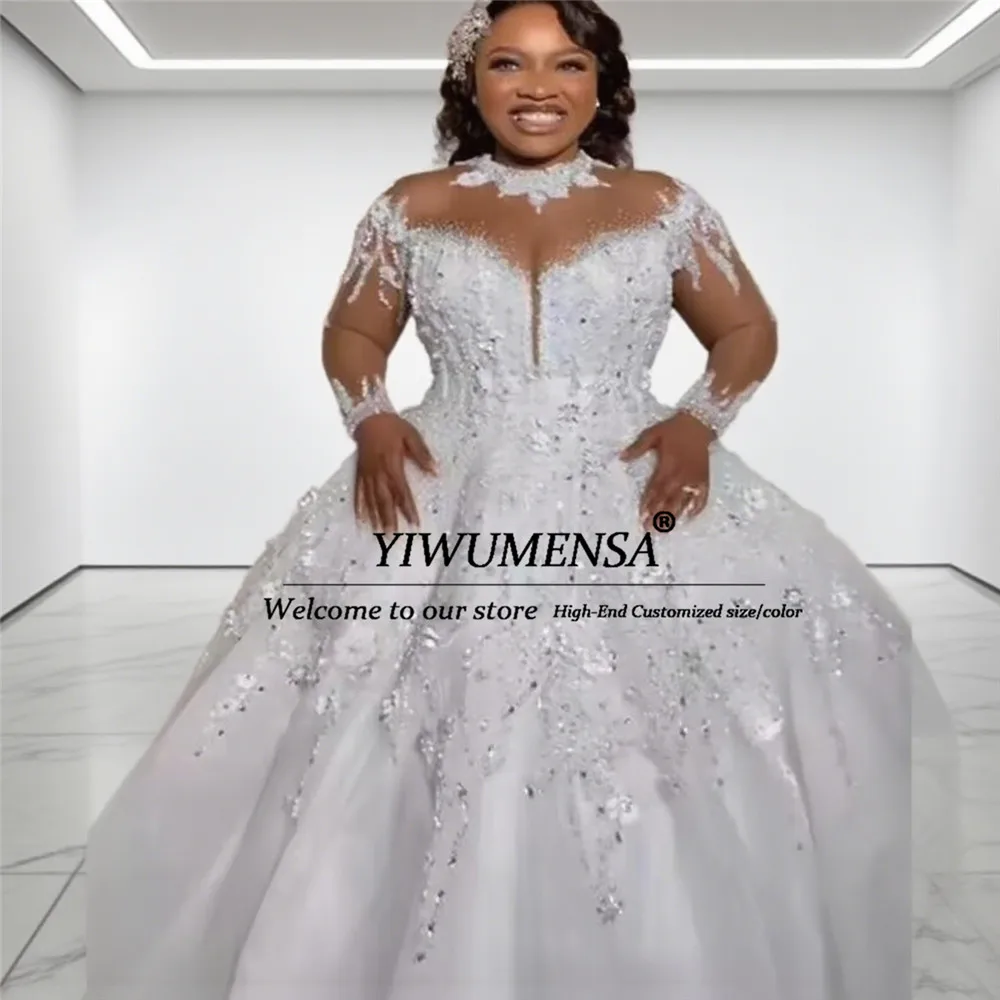 Luxury Crystal Beading African Wedding Dress Ball Gown Long Sleeves Illusion Ball Gown Bridal Dresses Customized Bride Clothing