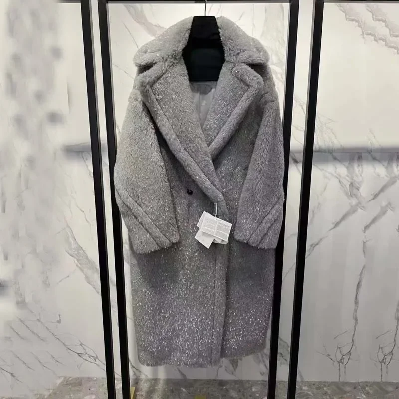 

2024 New Arrival Turn-Down Collar Women Coat Winter Long Length Gold Stripe Decoration Thick Warm Teddy Bear Clothes Female