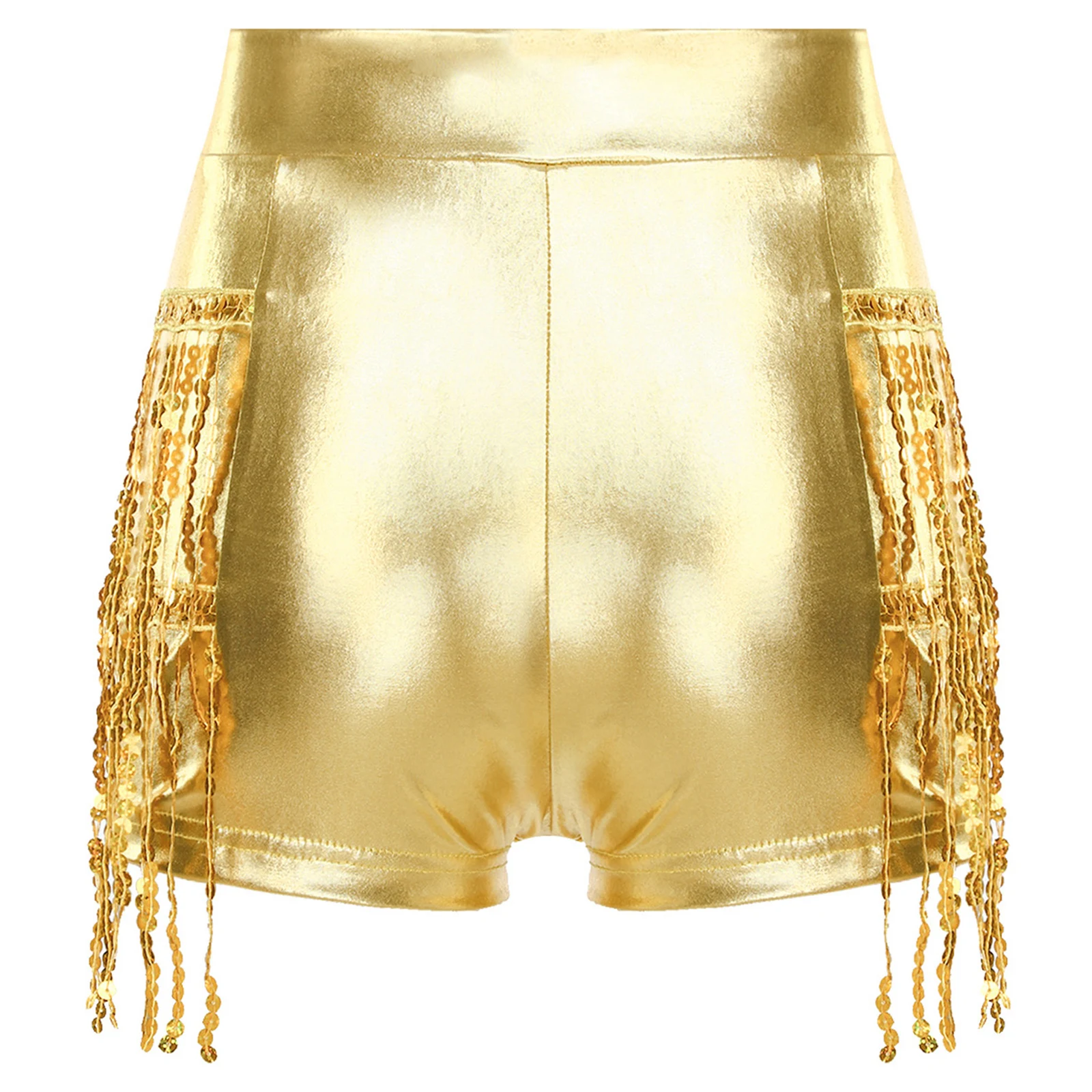 Damskie metaliczne, błyszczące krótkie spodenki do tańca latynoamerykańskiego, disco, jazzu, zdobione frędzlami, mikro szorty do rumby, tanga, tańca na rurze, spodnie sceniczne.