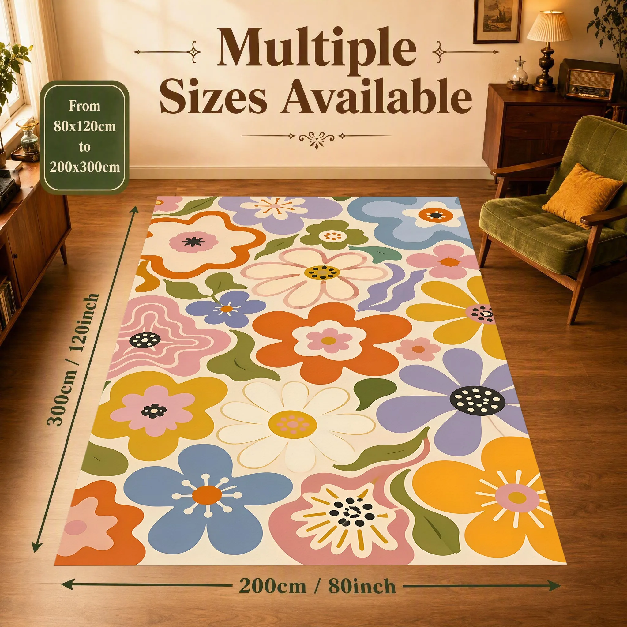 Large Area Rug Vintage Colorful Floral Print Soft Velvet Living Room Bedroom Entryway Home Decor Area Rug