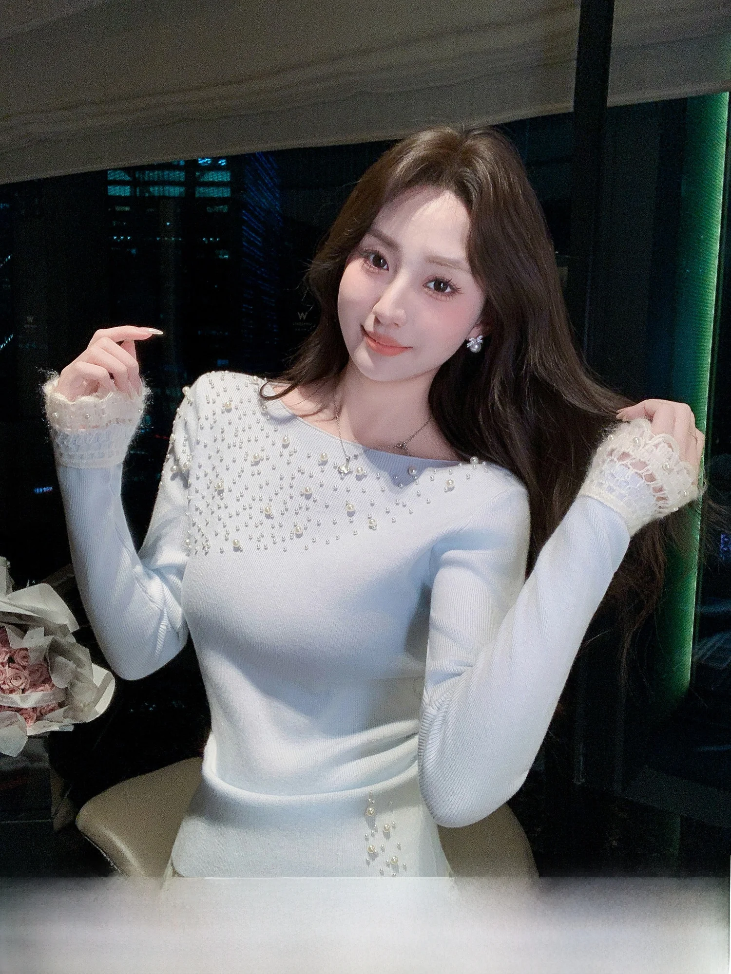 

Ele Pearl Embellied Knitted Sweater Women's Autumn Winter New Sle Beautiful Unique Top by Zhang Xinyou