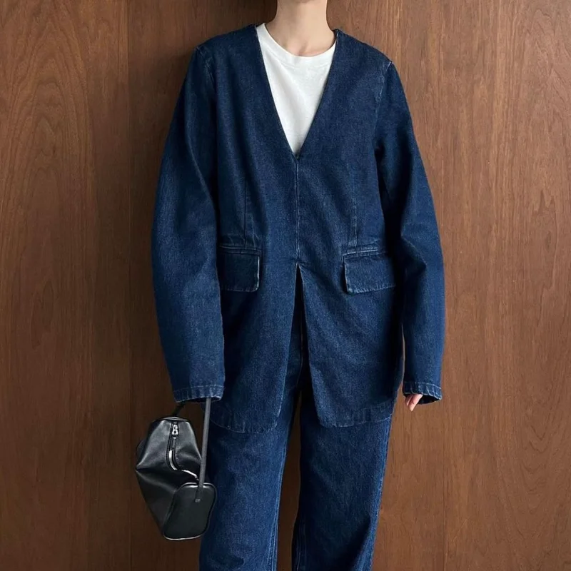 

V-neck Pullover Denim Retro Dark Blue Niche Design Cotton Jacket