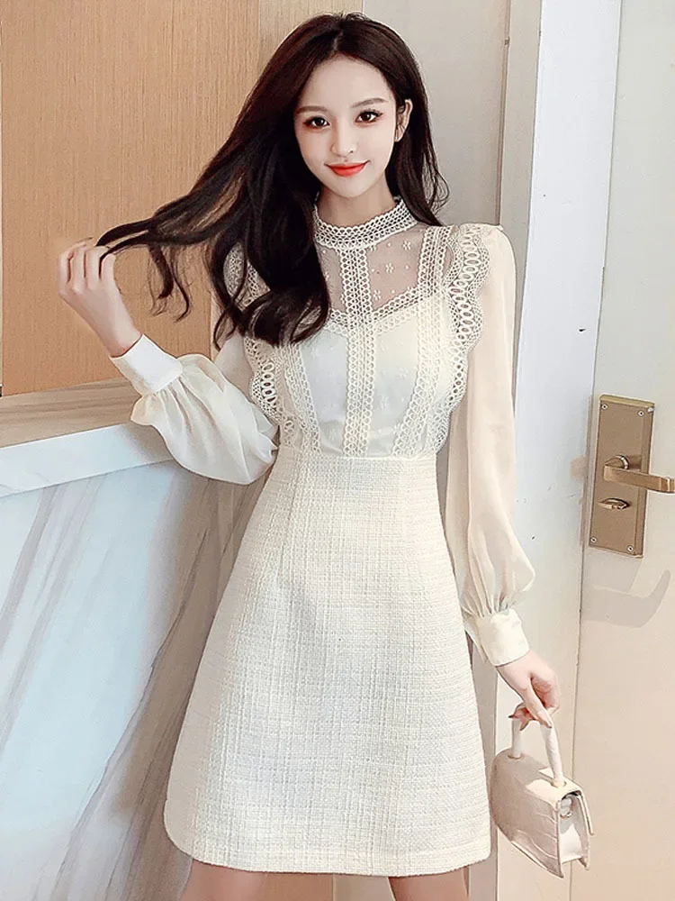 

New Fashion Women Tweed Dress Autumn Winter Lace Patchwork Lace Chiffon Long Sleeve O-Neck A Line Short Dresses Vestido A461