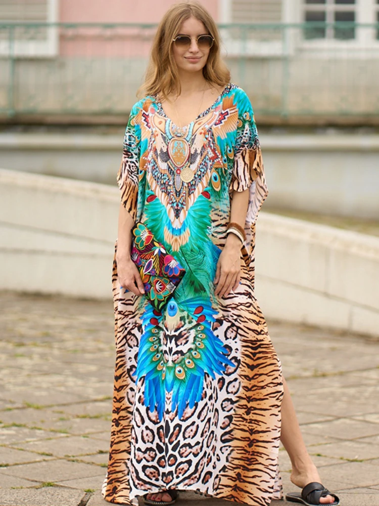 Beach Cover Ups Animal Printed Bohemian Kaftans for Women India Folk Maxi Dresses Seaside Bathing Suits