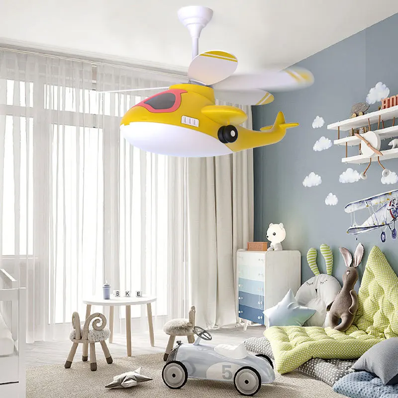 Children's Room Home Decro Cartoon Aircraft Ceiling Fan Light Intelligent Fan Boy and Girl Bedroom Light Ceiling Fan Lamp