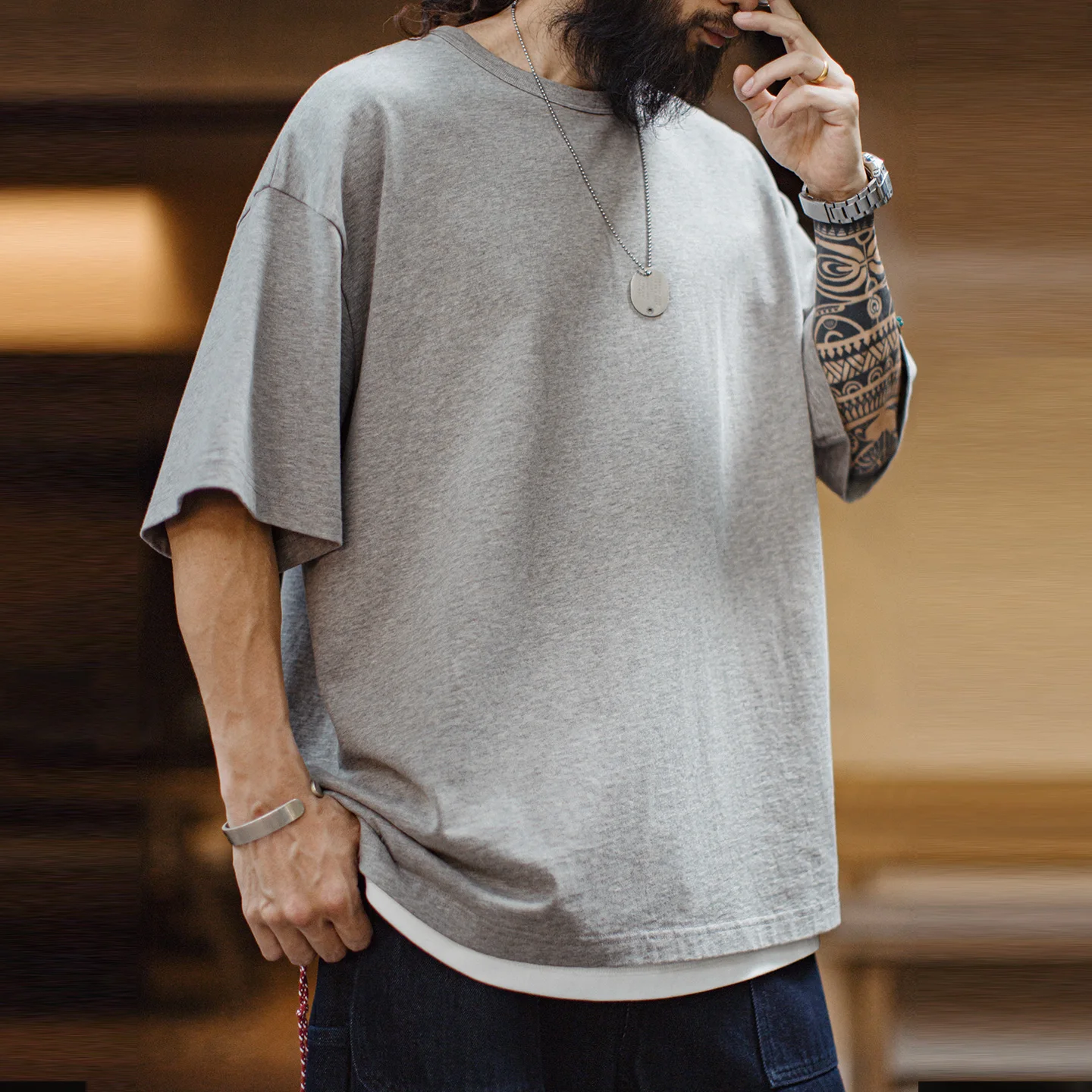 MADEN American Vintage Workwear Solid Color Men's Short Sleeve T-Shirt Loose Navajo Embroidery Basic Casual Daily Street Summer