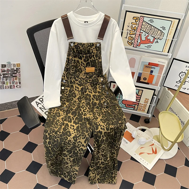 

Loose Wide Leg Leopard Print Denim Overalls Men's High Street Style Casual Spring Fashion Trousers with Straps Youth