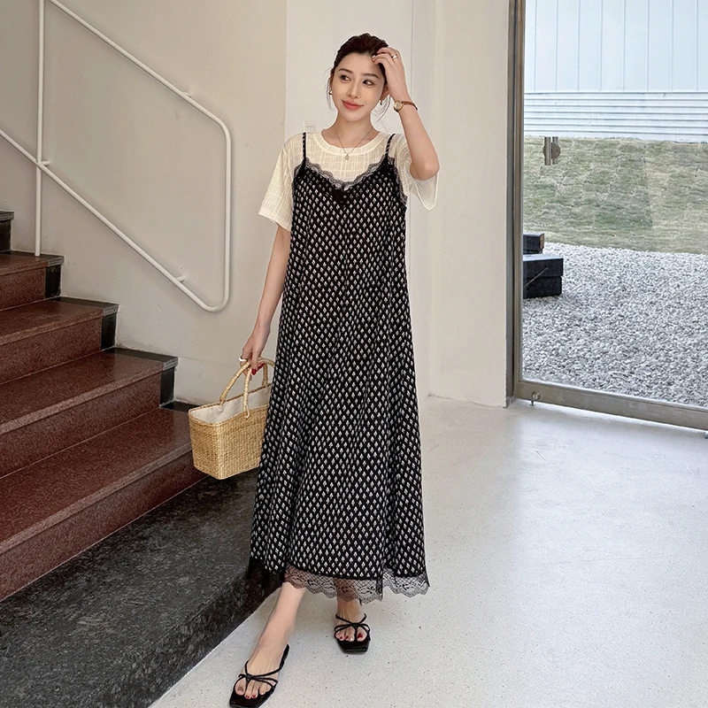 Été nouvelle grande taille dentelle ample ort Sve t-shirt Dr femmes faux deux pièces Dr Floral Patchwork a-ligne Midi Dr