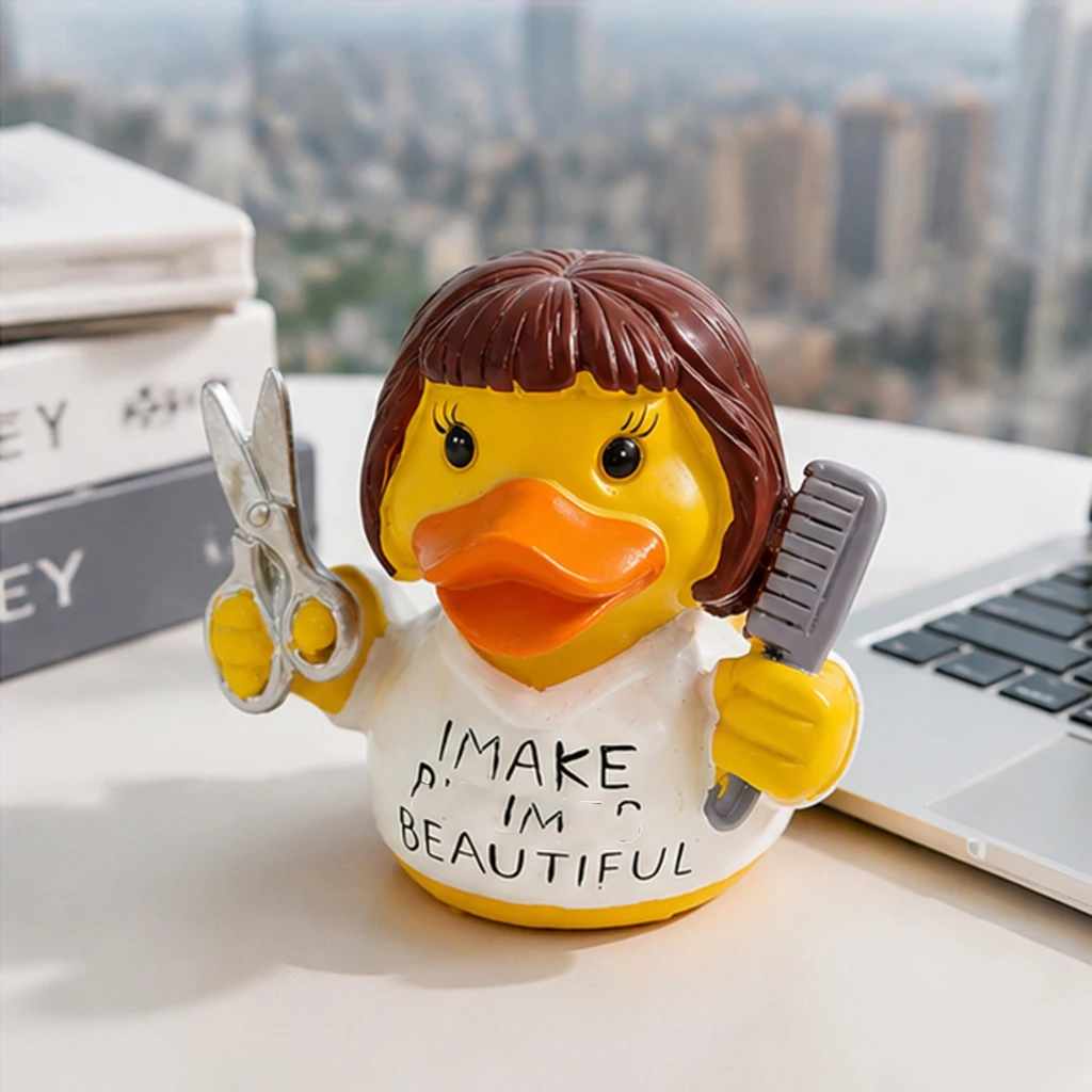 Humorous Resin Duck Sculpture Outdoor Garden Gnome Alternative Funny Letter Print Rubber Duck Barber Shop Desktop Ornament Resin