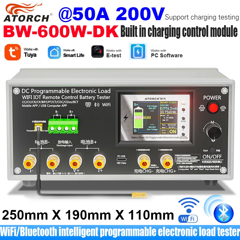 BW-600W-DK WiFi 200V 50A DC Elektronische Belastingstester Hoge Nauwkeurigheid Resolutie Batterij Capaciteit Monitor Opladen Gereedschap Voor Tuya APP