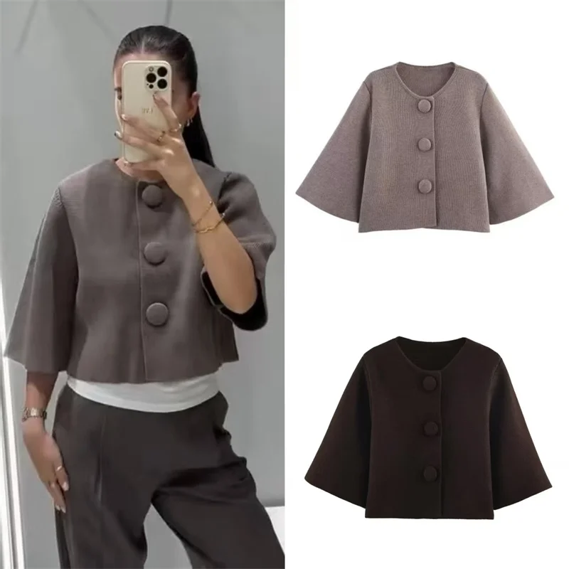 

Женское пальто, новинка зимы 2025, однотонное пальто средней длины с рукавами и пуговицами, простой короткий вязаный кардиган, модная куртка