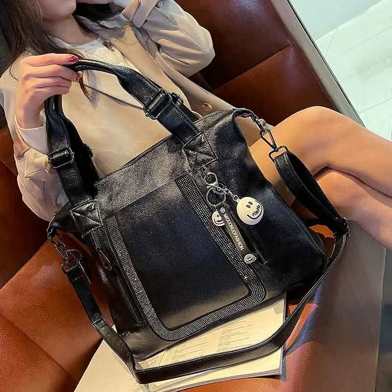 

2023 New Top Layer Cowhide Studded Diamond Large Capacity Handbag European And American Fashion Crossbody Shoulder Bag For Women