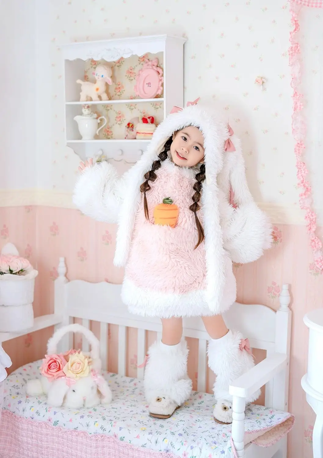 Cartoon Kinder Plüsch-Kaninchen Cosplay Kostüm Kawaii Mädchen Winter Warme Sets Top Hose Mütze Anzug 1-10 Jahre Mädchen Party Outfits Geschenk – Detail 11