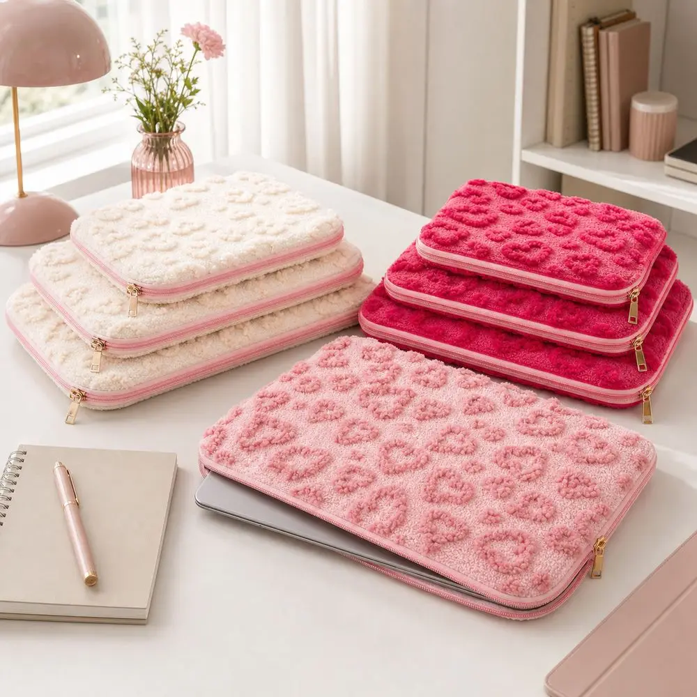 11/13/15inch Laptop Sleeve Heart Pattern Plush Tablet Sleeve Zipper Closure Soft Texture Notebook Computer Sleeve Tablet Storage