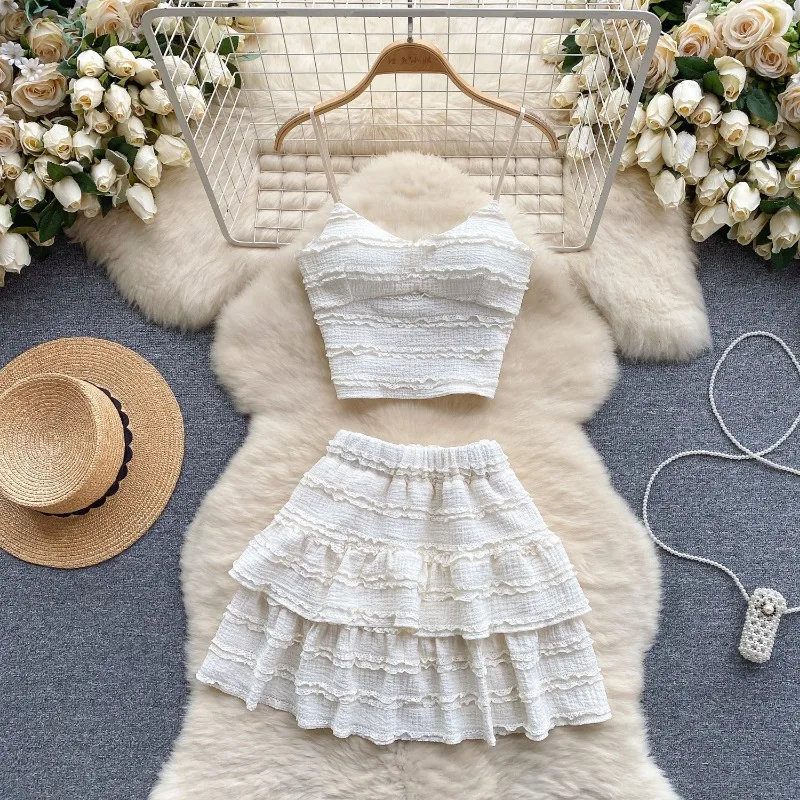 Women Short Version Suit Two Sets Half-body Dress Suspenders Undershirt Ruffle Lace Sweet Sexy Patchwork Funky Apricot Solid