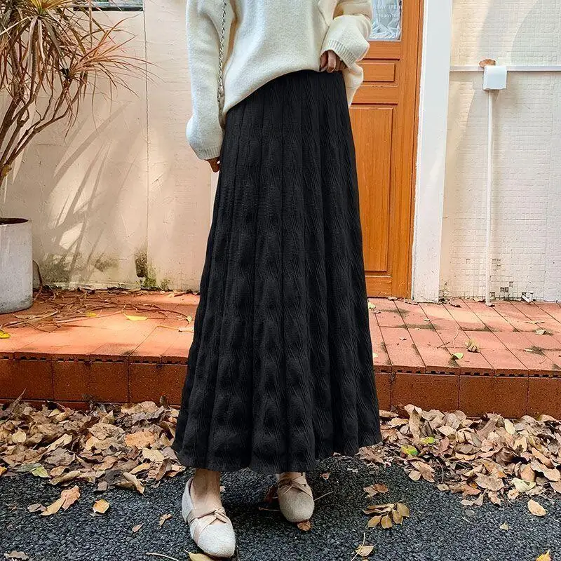 Falda de punto para niña Kawaii, nuevo modelo de otoño e invierno, vestido largo de cintura alta, doble bolsillo, cintura elástica, falda de estilo perezoso, dopamina