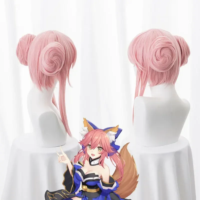 2023 New FGO Fate Grand Order Extra Cosplay Wig Servant Caster Tamamo no Mae Curly Pink Ponytails Synthetic Hair for Adult