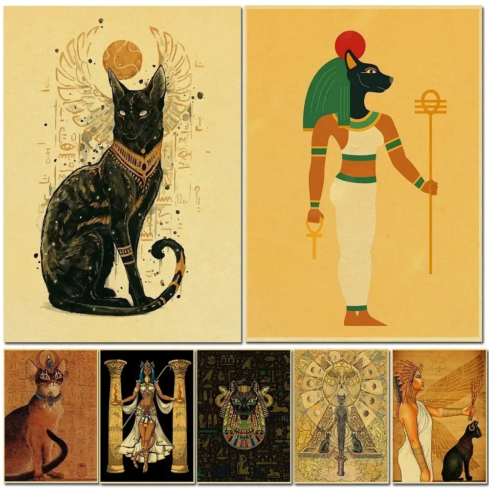 Bastet Altes Ägypten Mythologie Katze Retro Poster Vintage Kunstdruck Kraftpapier Poster Home Bar Cafe Room Decor Kunst Wandmalerei
