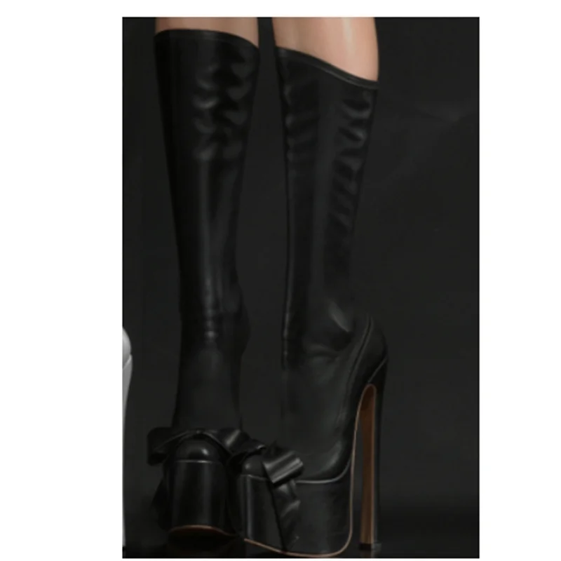 블랙 리본 매듭 플랫폼 무광 가죽 부츠 얇은 하이힐 패션 쿨 섹시 겨울 캐주얼 빅 사이즈 여성 신발