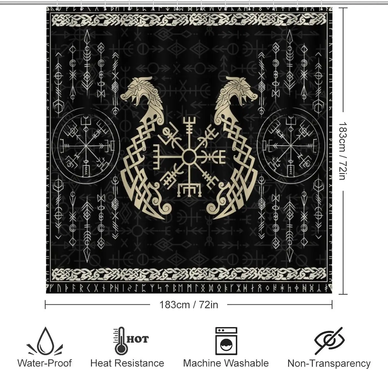 Norse Vikings 4 Pcs Waterproof Shower Curtain Set Abstract Dragon Retro Mystical Symbol Compass with Waterproof Toilet Cover