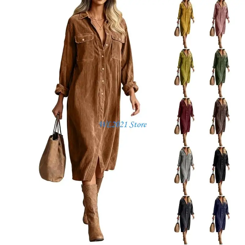 

G5GC Women's Corduroy Long Sleeve Short Dresses Fall Winter Button Down Work Dress with Pocket