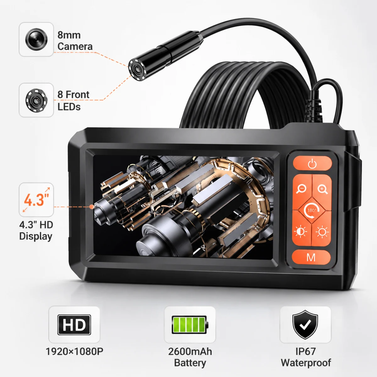 4.3‑Inch IPS Screen Automotive Endoscope Camera, 1080P HD Borescope Inspection Camera with 8 Adjustable LED Lights for Auto Engine Diagnostic Repair