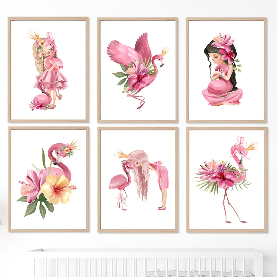 Lukisan Kanvas Cetak Estetika Minimalis Seni Dinding Bunga Flamingo Bayi Perempuan Mahkota Merah Muda untuk Dekorasi Rumah Modern Ruang Tamu